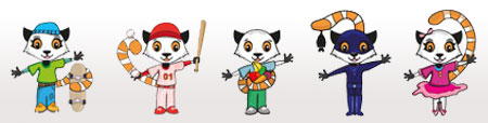 fünf detailiert gezeichnete Lemuren mit verschiedenen Outfits